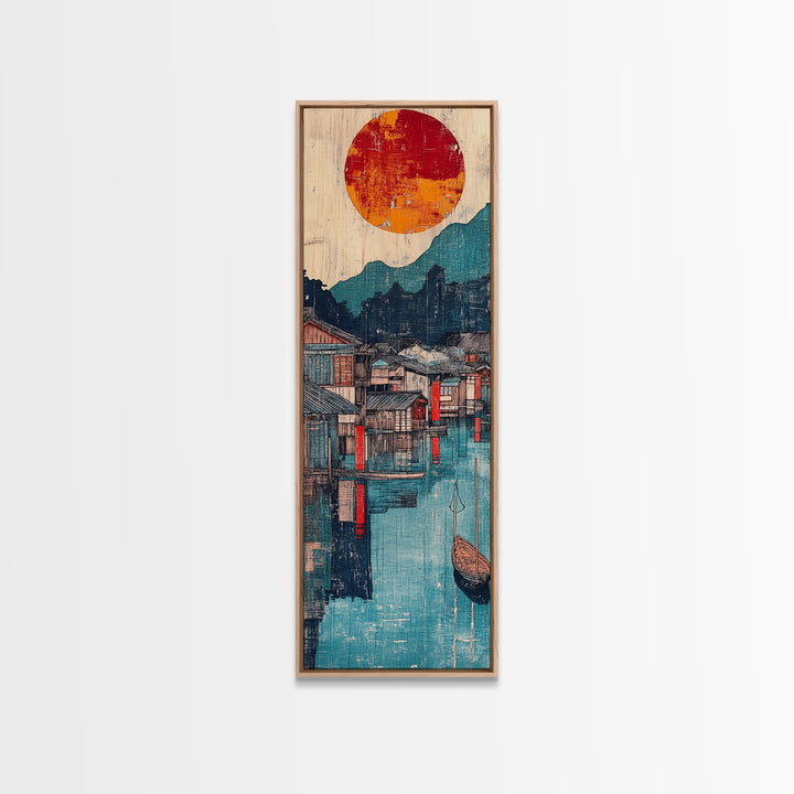 Harbor Village At Sunset Framed Canvas Print, Japanese Wall Art, Mountain Lake Decor, Asian Landscape Print, Coastal Home Decor