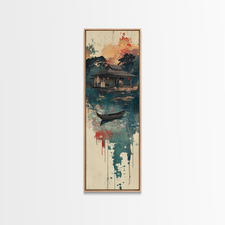 Floating Lake House Canvas Print, Misty Japanese Wall Art, Serene Boat Landscape, Japandi Decor, Peaceful Coastal Wall Decor