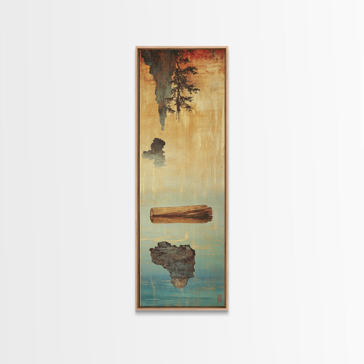 Floating Log And Stone Canvas Print, Japanese Zen Landscape Wall Art, Rustic Wabi Sabi Decor For Serene Living Room Decor
