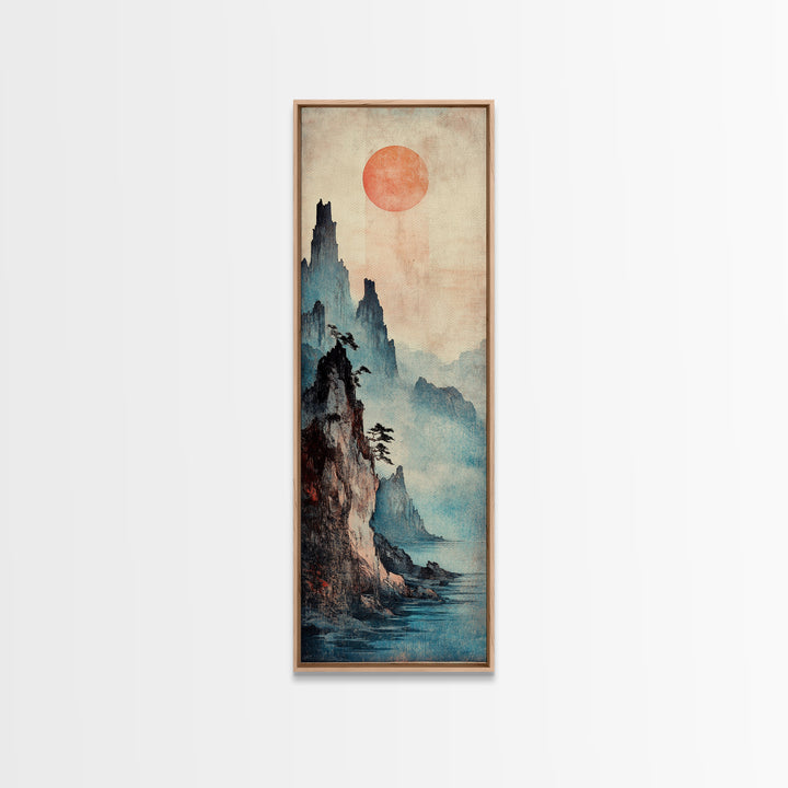 Red Sun Misty Mountain Wall Art, Japanese Landscape Canvas Print, Moody Asian Decor, Serene Nature Art For Living Room Decor