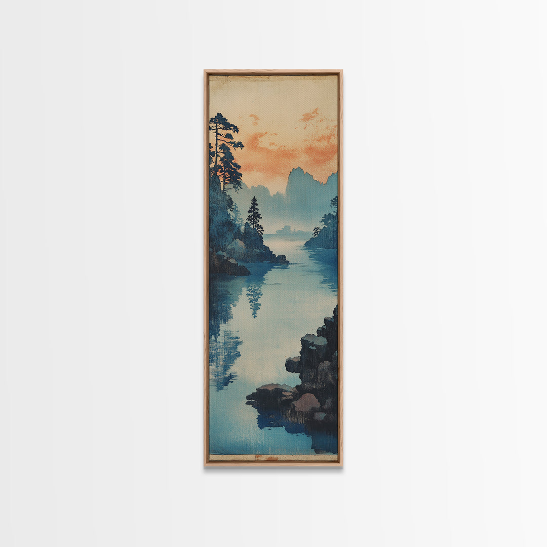 Blue Lake And Pine Forest Wall Art, Japanese Landscape Canvas Print, Serene Coastal Nature Decor For Living Room Above Sofa Decor