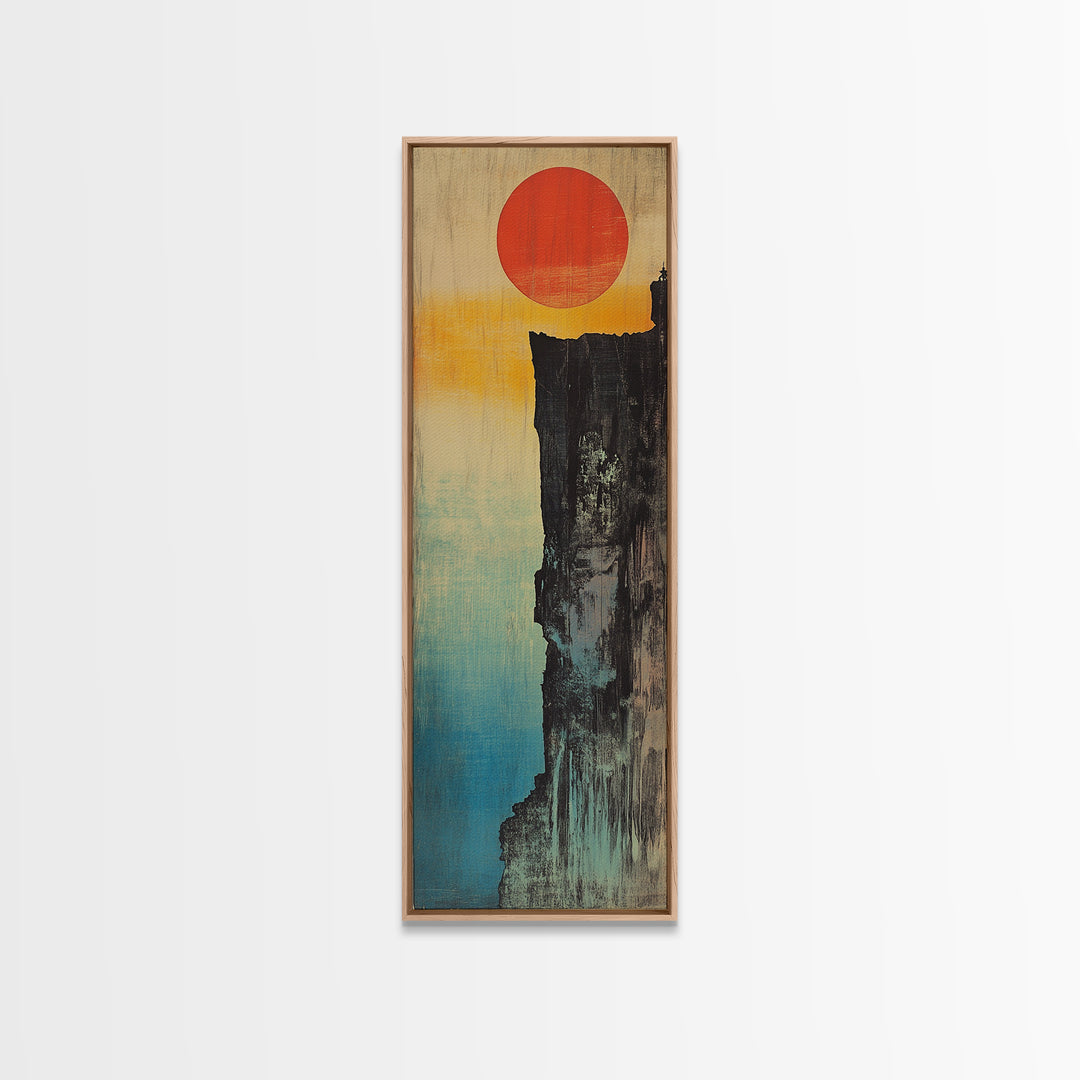 Red Sun Cliff Canvas Print, Japanese Wabi Sabi Landscape Wall Art, Minimalist Asian Decor For Modern Living Room Above Sofa
