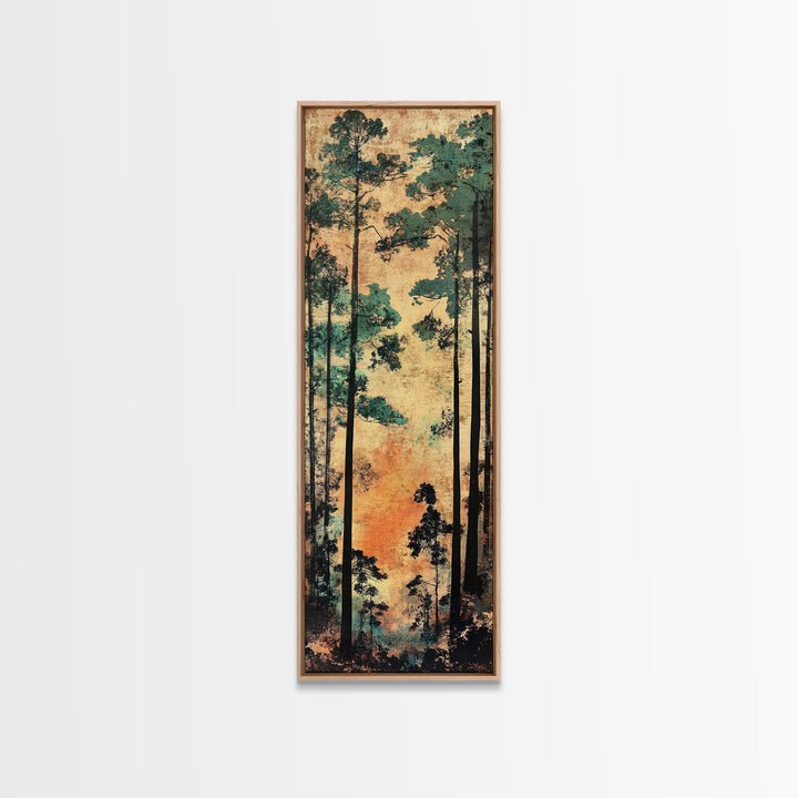 Tall Pine Forest Wall Art, Japanese Woodland Canvas Print, Rustic Nature Decor, Vertical Landscape For Cabin Living Room