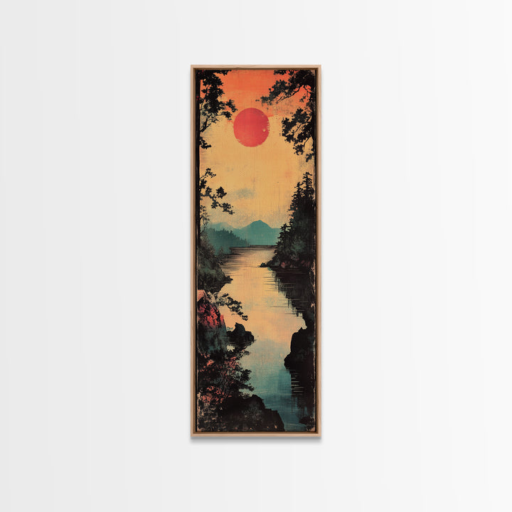 Red Sun River Wall Art, Japanese Pine Landscape Canvas Print, Serene Mountain Lake Decor For Living Room Above Sofa Wall Decor
