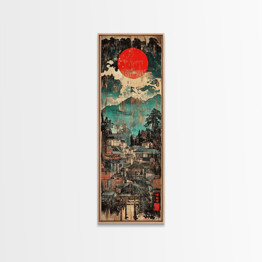 Red Sun Mountain Town Wall Art, Japanese Landscape Canvas Print, Rustic Wabi Sabi Decor, Teal Blue Living Room Wall Art Print