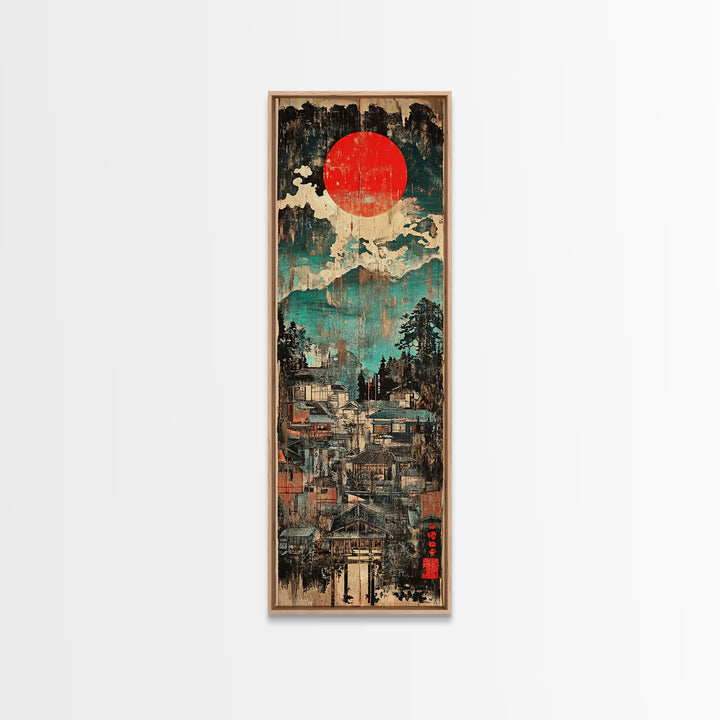 Red Sun Mountain Town Wall Art, Japanese Landscape Canvas Print, Rustic Wabi Sabi Decor, Teal Blue Living Room Wall Art Print