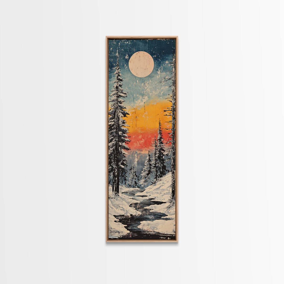 Snowy Pine Forest Moonrise Wall Art, Winter Landscape Canvas Print, Cozy Cabin Decor, Japandi Nature Art For Living Room