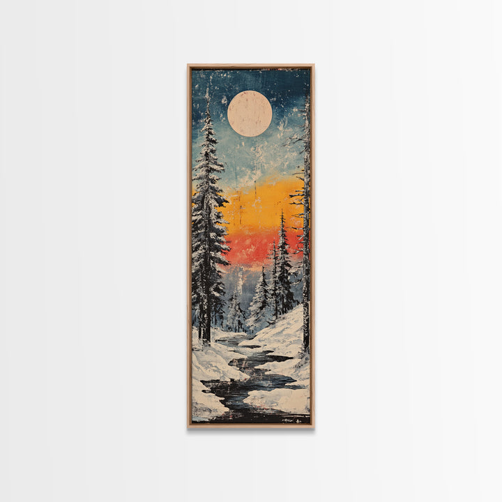 Snowy Pine Forest Moonrise Wall Art, Winter Landscape Canvas Print, Cozy Cabin Decor, Japandi Nature Art For Living Room