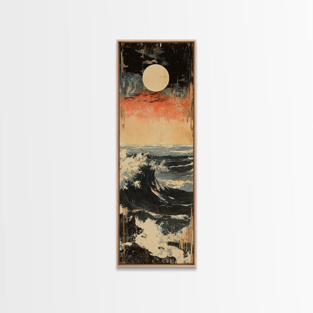 Full Moon Ocean Wave Wall Art, Japanese Seascape Canvas Print, Moody Coastal Decor, Blue Nautical Art For Living Room Decor