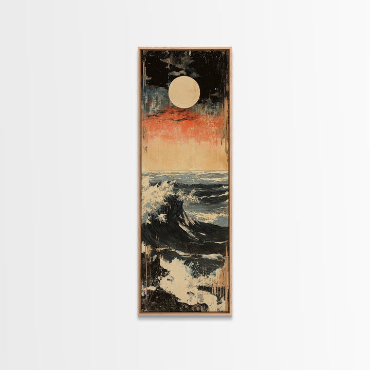 Full Moon Ocean Wave Wall Art, Japanese Seascape Canvas Print, Moody Coastal Decor, Blue Nautical Art For Living Room Decor