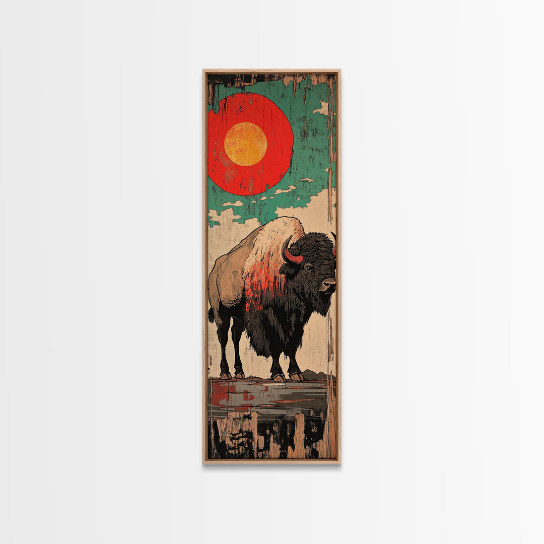 Red Sun Bison Wall Art, Bold Western Buffalo Canvas Print, Rustic Lodge Decor, Teal Desert Artwork, Housewarming Gift, Man Cave Decor