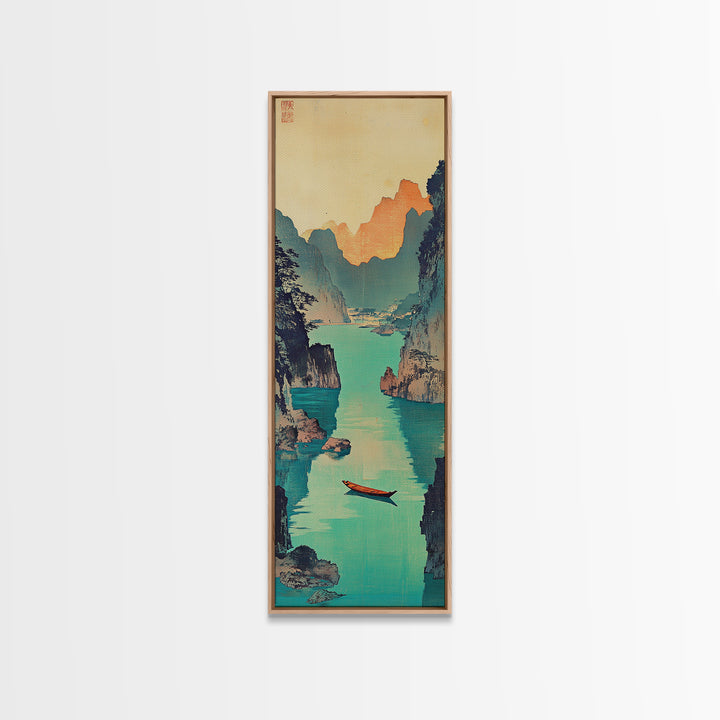 Red Boat Canyon Wall Art, Turquoise River Landscape Framed Canvas Print, Japanese Coastal Decor, Serene Nature Art For Living Room