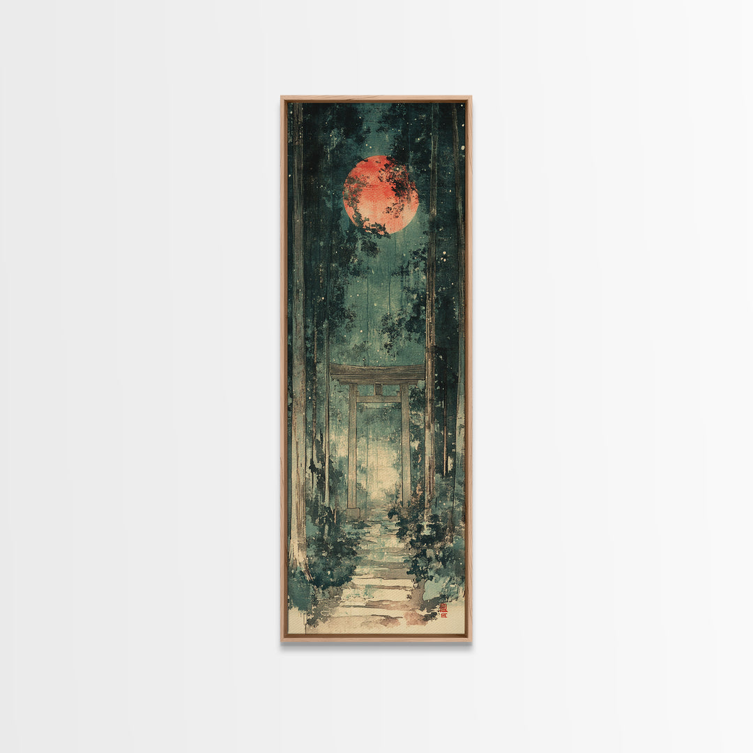 Red Moon Forest Shrine Wall Art, Mystical Torii Gate Canvas Print, Japanese Zen Decor, Dark Green Celestial Wall Art, Meditation Decor