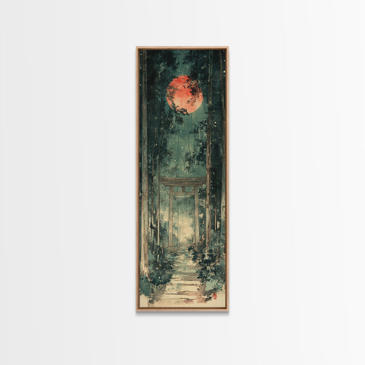 Red Moon Forest Shrine Wall Art, Mystical Torii Gate Canvas Print, Japanese Zen Decor, Dark Green Celestial Wall Art, Meditation Decor