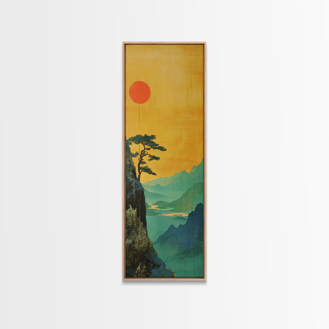 Orange Sun Cliff Pine Mountain Wall Art, Japanese Landscape Canvas Print, Japandi Home Decor, Long Narrow Wall Decor Gift