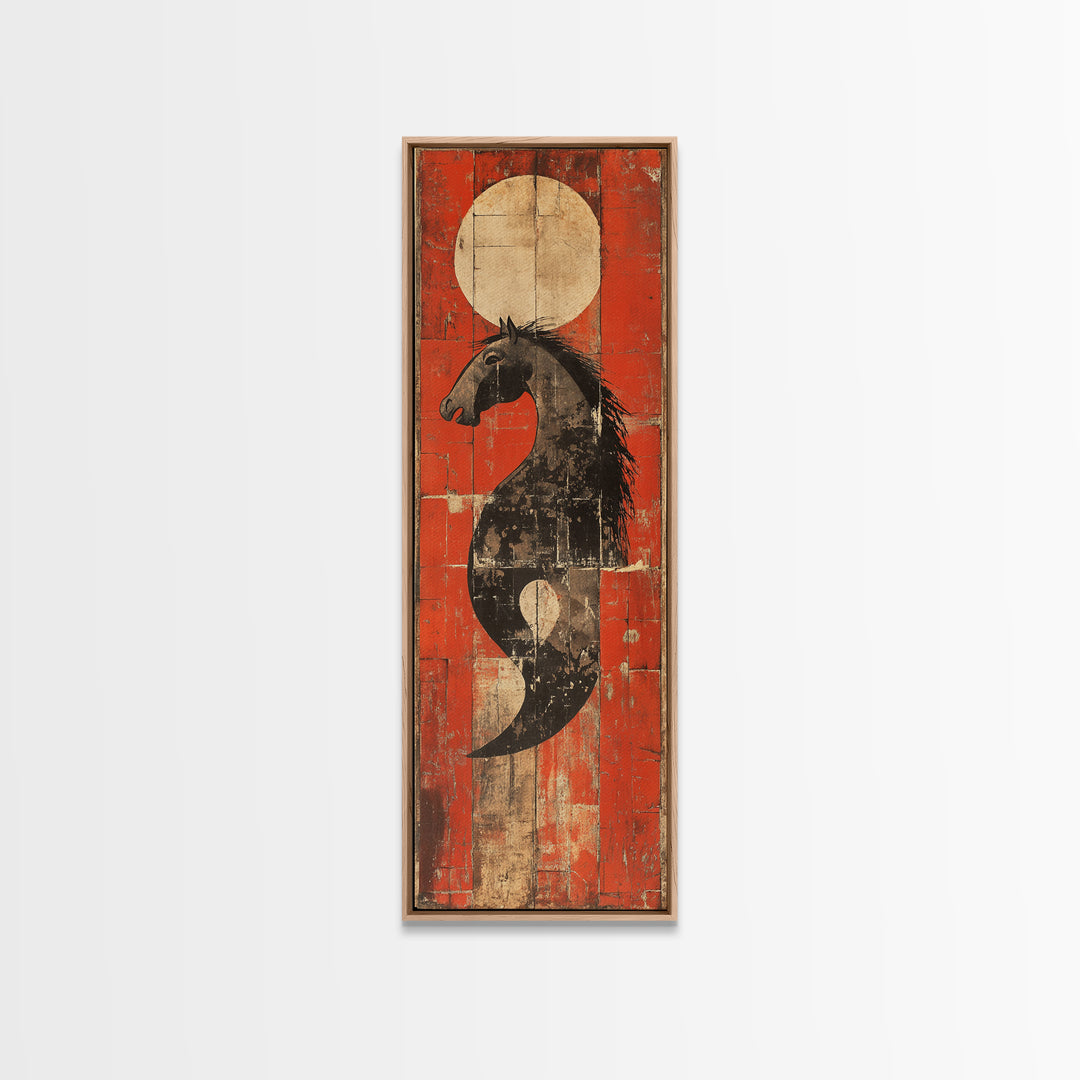 Black Horse Yin Yang Red Canvas Print, Japanese Equestrian Wall Art, Western Modern Decor, Long Narrow Wall Decor Gift For Him