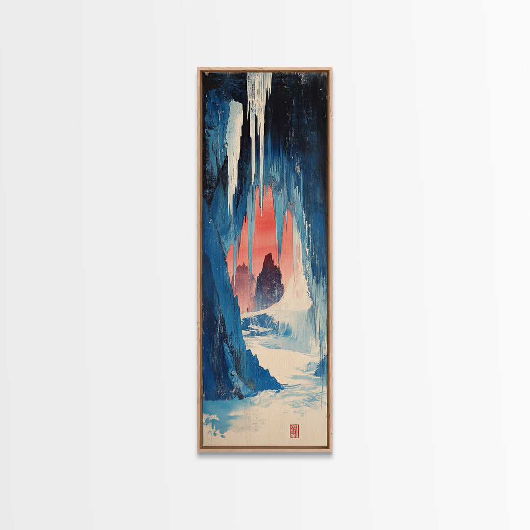 Blue Ice Cave Figure Canvas Print, Japanese Fantasy Wall Art, Moody Winter Landscape Decor, Long Narrow Wall Decor Gift For Her