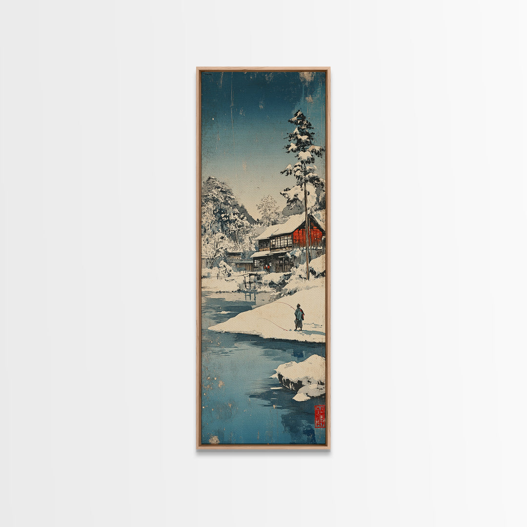 Snowy Japanese Cabin River Wall Art, Winter Landscape Canvas Print, Japandi Home Decor, Long Narrow Wall Decor Gift For Him