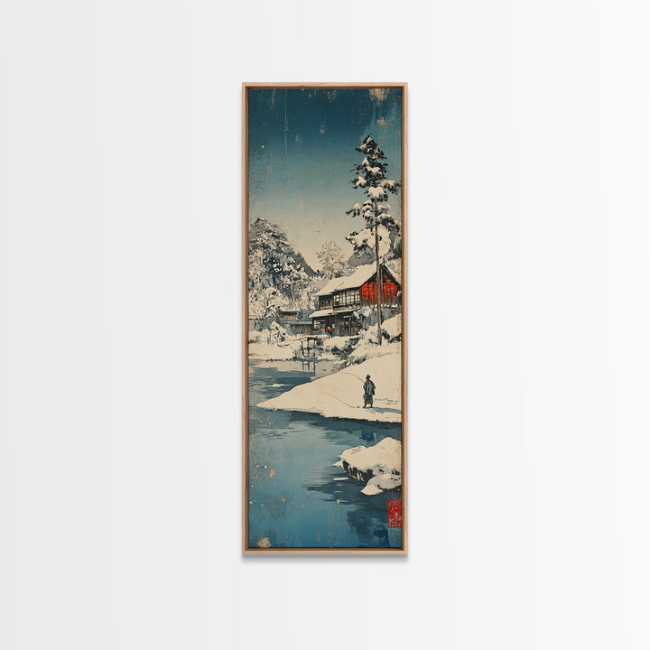 Snowy Japanese Cabin River Wall Art, Winter Landscape Canvas Print, Japandi Home Decor, Long Narrow Wall Decor Gift For Him