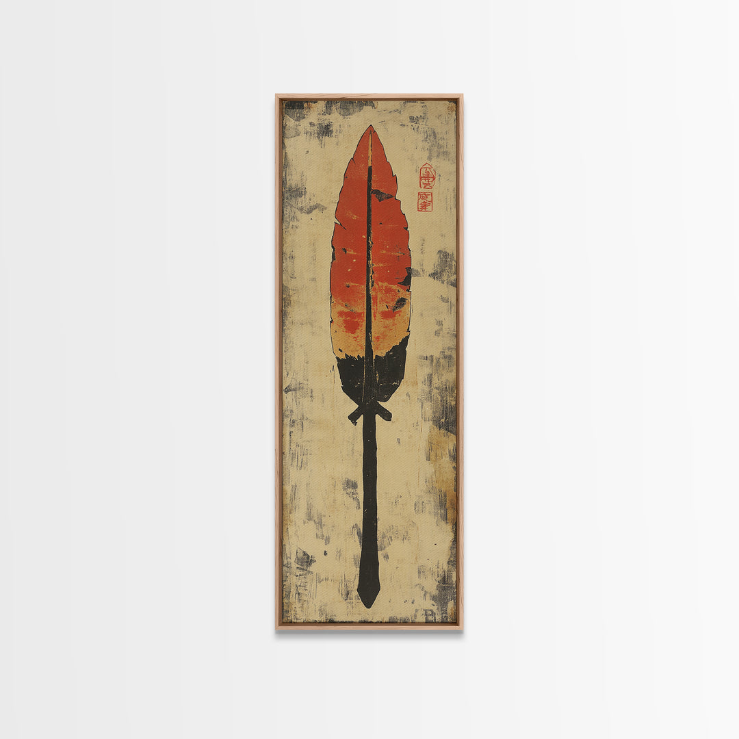 Red Feather Arrow Wall Art, Rustic Tribal Canvas Print, Southwestern Boho Decor, Indigenous Inspired Living Room Decor Gift