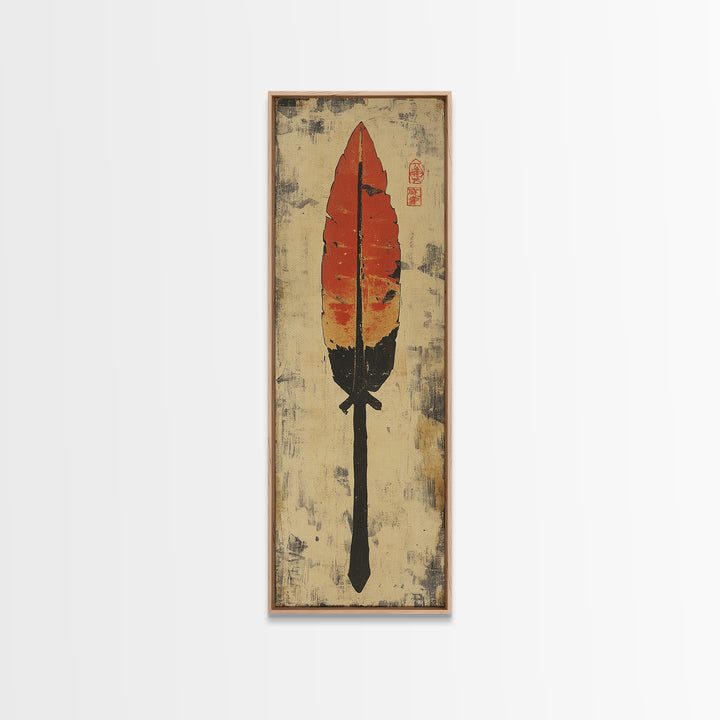 Red Feather Arrow Wall Art, Rustic Tribal Canvas Print, Southwestern Boho Decor, Indigenous Inspired Living Room Decor Gift