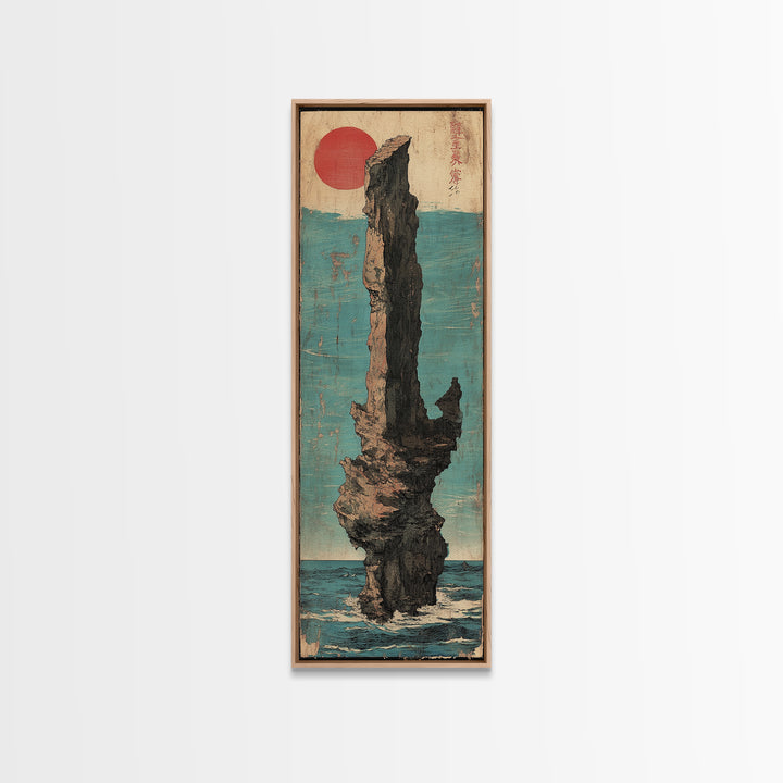 Red Sun Sea Stack Wall Art, Japanese Coastal Canvas Print, Dramatic Ocean Rock Landscape Print, Japandi Living Room Decor