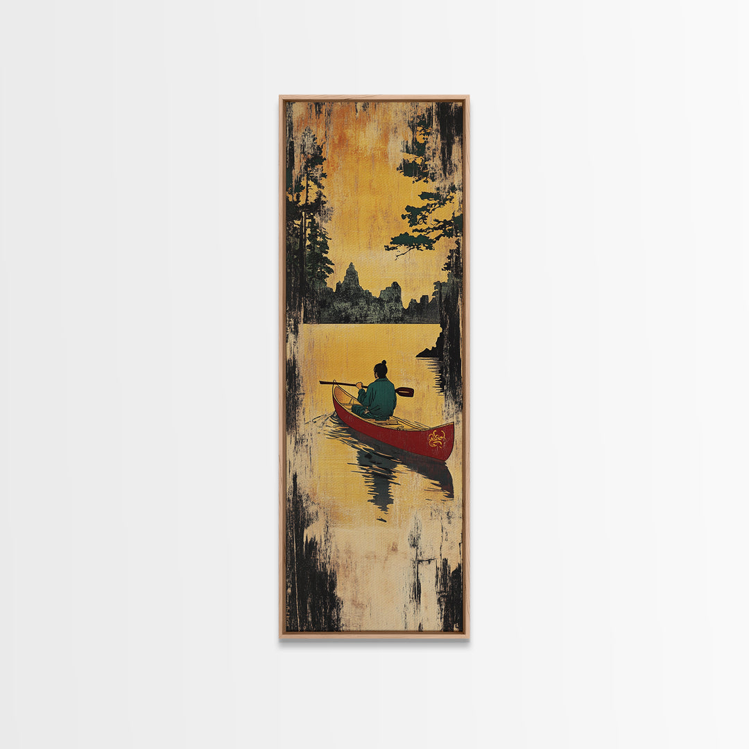 Golden Sunset Canoe Lake Wall Art, Rustic Cabin Canvas Print, Forest Landscape Decor, Peaceful Nature Art For Living Room