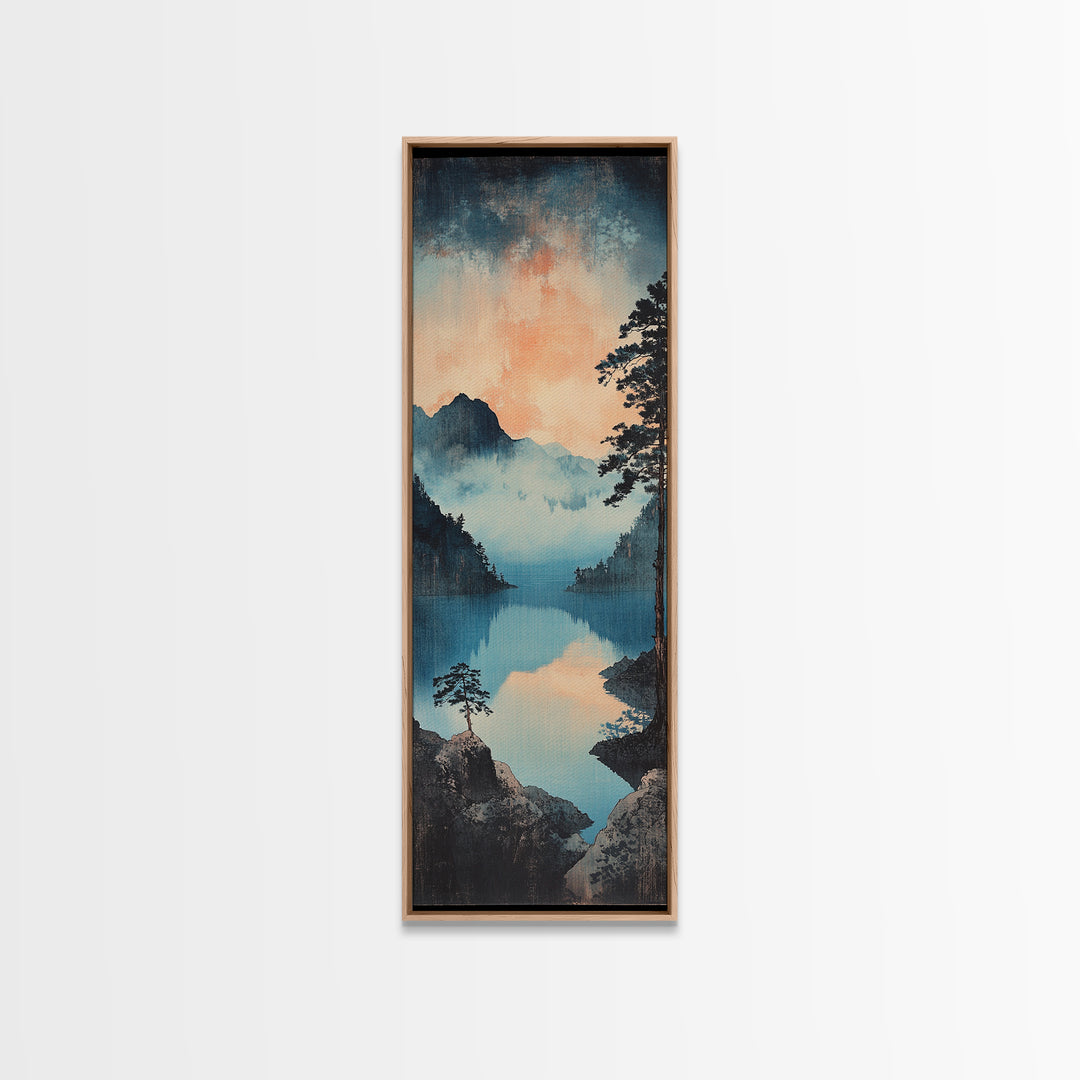 Misty Blue Mountain Lake Wall Art, Japanese Landscape Print, Serene Nature Decor, Long Narrow Canvas For Living Room Wall Decor