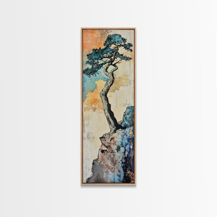 Twisted Pine Tree On Rocky Cliff Wall Art, Japanese Nature Print, Rustic Asian Decor, Long Narrow Minimalist Canvas Wall Decor