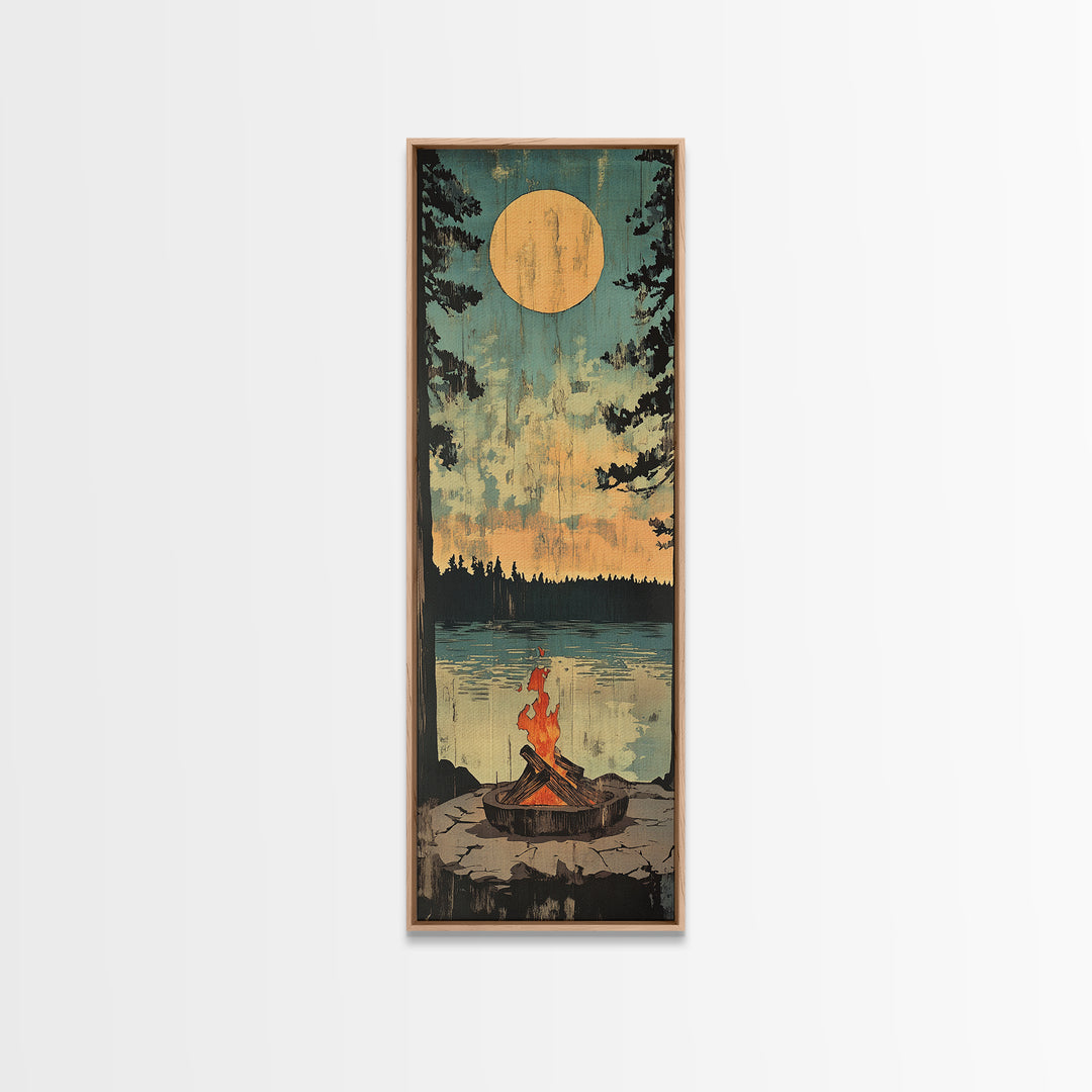 Moonlit Campfire By Quiet Lake Wall Art, Rustic Cabin Decor, Nature Landscape Print, Cozy Lodge Gift, Vertical Canvas Print, Home Decor