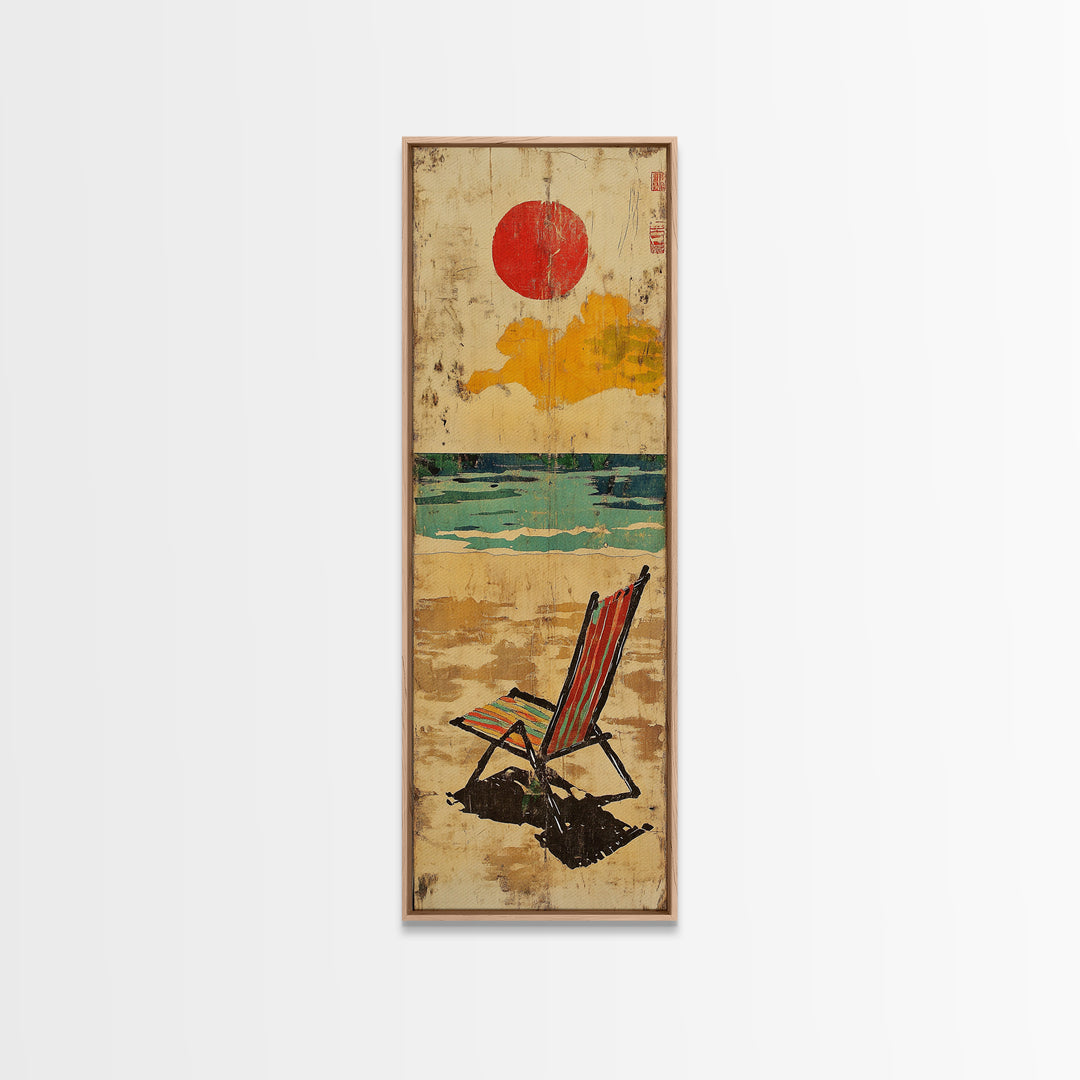 Striped Beach Chair Under Red Sun Canvas Print, Coastal Wall Art, Beach House Decor, Summer Ocean Print, Gift For Her, Home Decor