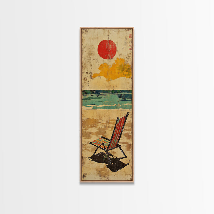 Striped Beach Chair Under Red Sun Canvas Print, Coastal Wall Art, Beach House Decor, Summer Ocean Print, Gift For Her, Home Decor