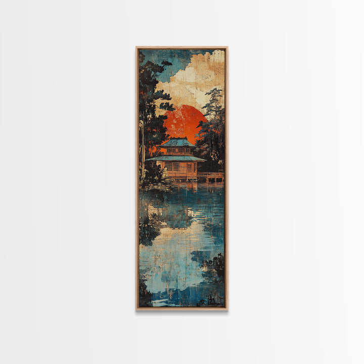 Japanese Lakeside Temple At Sunset Framed Canvas Print, Japandi Wall Art, Asian Landscape, Zen Home Decor, Housewarming Gift