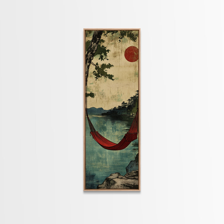 Red Hammock Over Serene Lake Wall Art, Japandi Landscape Print, Rustic Cabin Decor, Nature Wall Decor, Calming Home Decor Gift