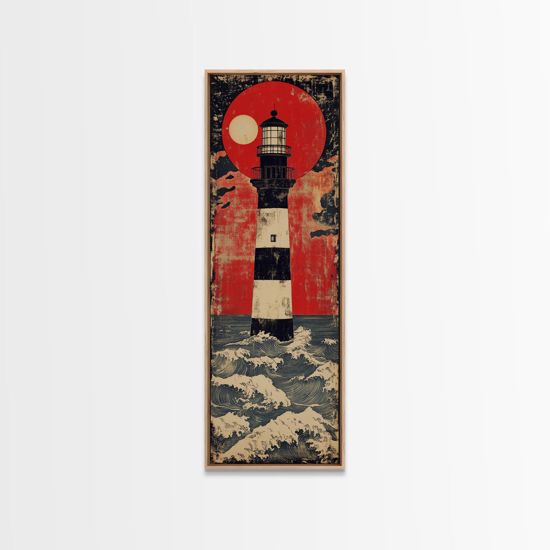 Striped Lighthouse Beneath Red Sun Wall Art, Nautical Canvas Print, Ocean Wall Decor, Coastal Home Decor, Statement Gift