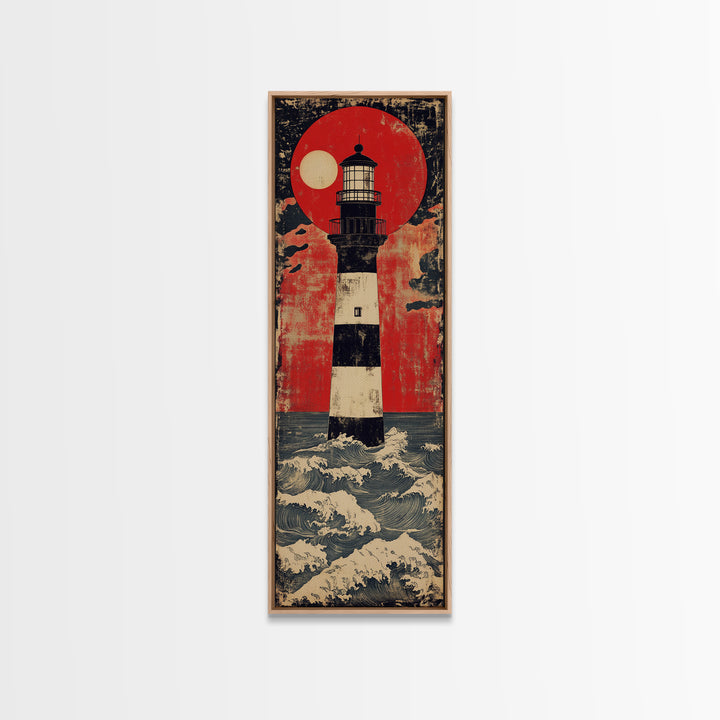 Striped Lighthouse Beneath Red Sun Wall Art, Nautical Canvas Print, Ocean Wall Decor, Coastal Home Decor, Statement Gift