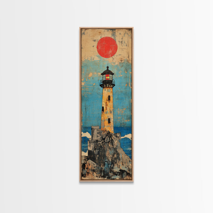 Rocky Island Lighthouse With Red Sun Canvas Print, Coastal Wall Art, Nautical Decor, Ocean Landscape, Large Wall Decor Gift
