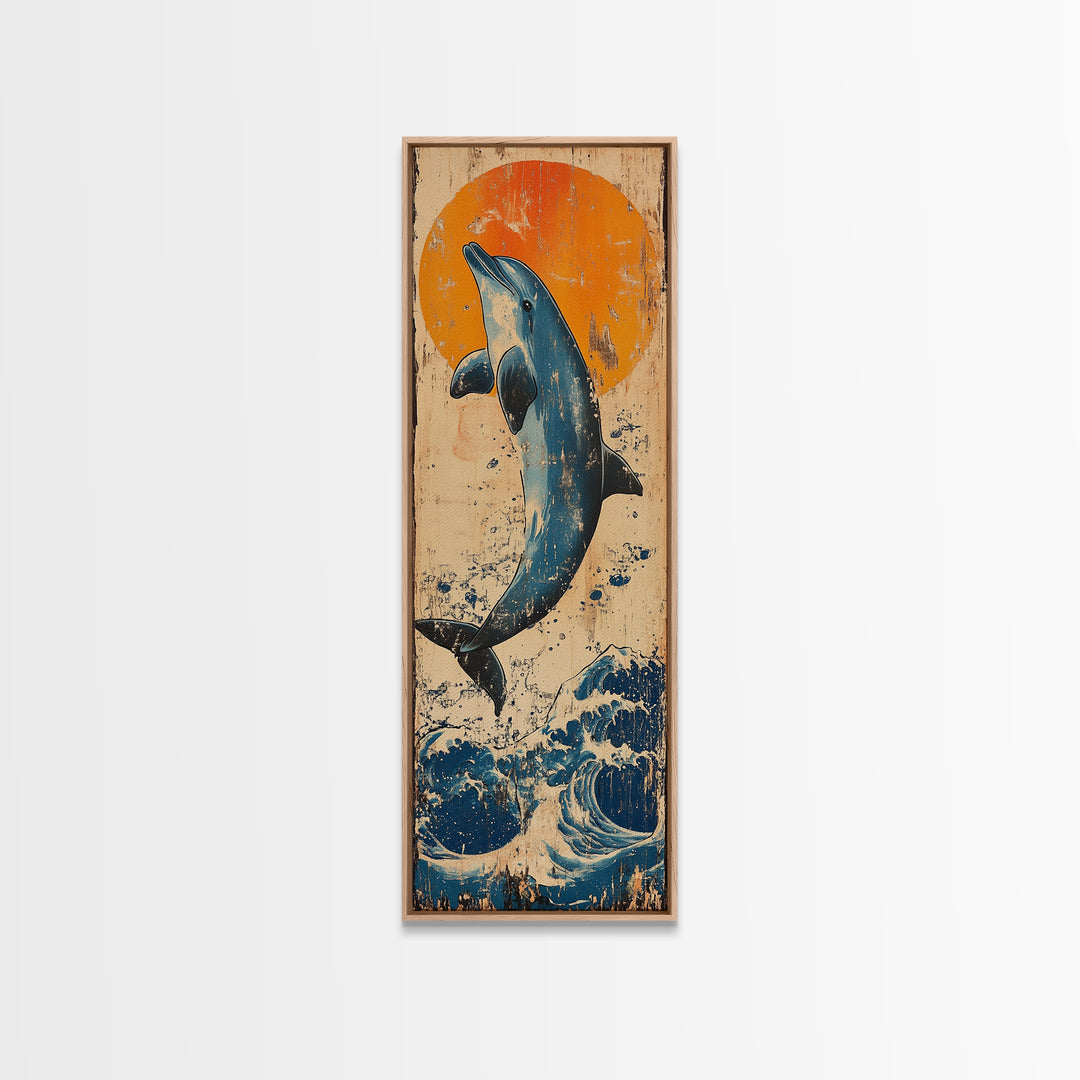 Jumping Dolphin Ocean Wall Art, Japanese Wave Canvas Print, Coastal Beach Decor, Orange Sun Nautical Art Print, Gift For Her