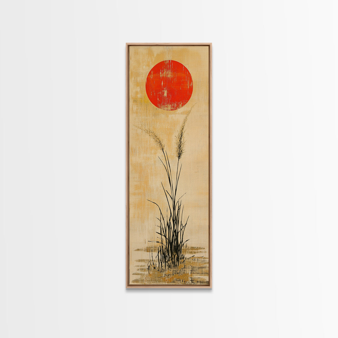 Red Sun Grass Minimalist Wall Art, Japanese Landscape Canvas Print, Wabi Sabi Decor, Neutral Wall Decor, Zen Home Decor Print