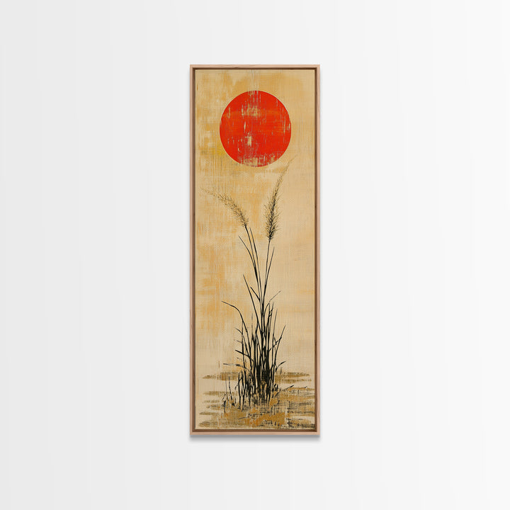 Red Sun Grass Minimalist Wall Art, Japanese Landscape Canvas Print, Wabi Sabi Decor, Neutral Wall Decor, Zen Home Decor Print