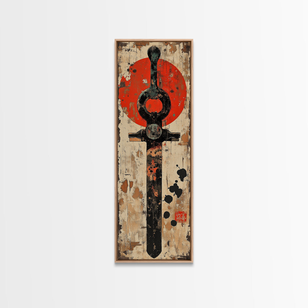 Rustic Samurai Sword With Red Sun Canvas Print, Japanese Wall Art, Martial Arts Decor, Masculine Office Wall Decor, Gift For Him