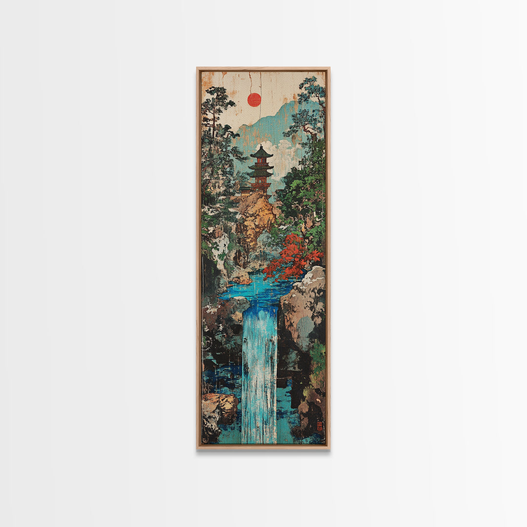 Pagoda Waterfall In Misty Mountain Forest Framed Canvas Print, Japanese Wall Art, Zen Decor, Japandi Landscape, Living Room Art