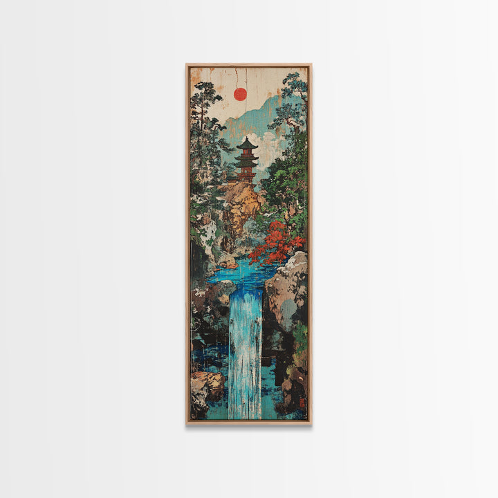 Pagoda Waterfall In Misty Mountain Forest Framed Canvas Print, Japanese Wall Art, Zen Decor, Japandi Landscape, Living Room Art
