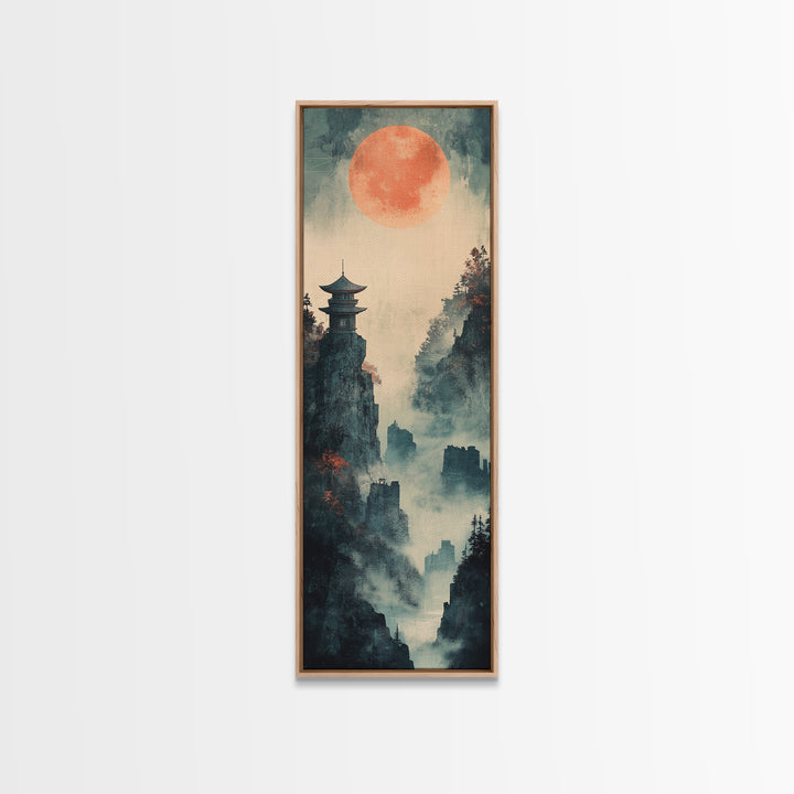 Misty Pagoda Cliffs Under Coral Moon Framed Canvas Print, Japanese Wall Art, Zen Landscape Decor, Moody Wall Decor, Gift For Her