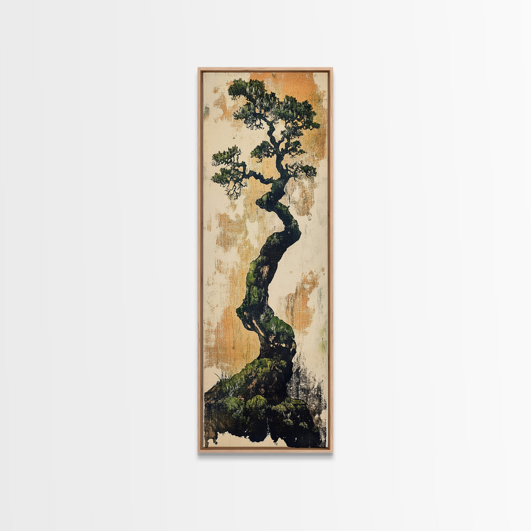 Twisted Bonsai Pine Tree Wall Art, Japanese Nature Print, Wabi Sabi Botanical Canvas For Japandi Living Room Decor Art Gift
