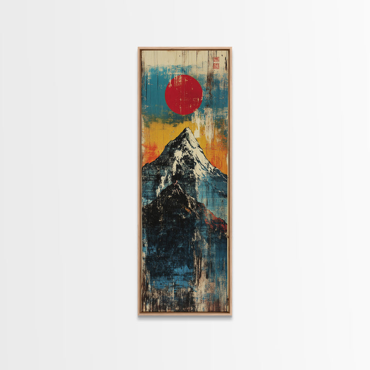 Red Sun Snowy Fuji Mountain Wall Art, Japanese Woodblock Landscape Print, Blue Abstract Canvas For Modern Japandi Decor Gift