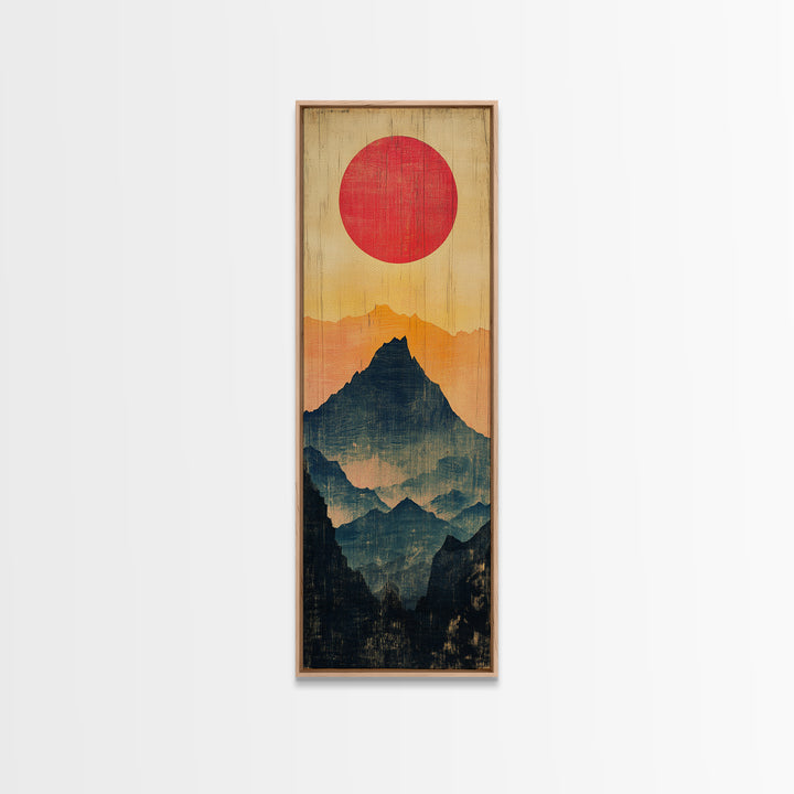 Red Sun Layered Mountain Silhouette Wall Art, Minimalist Japanese Landscape Print, Tall Narrow Canvas For Zen Home Decor