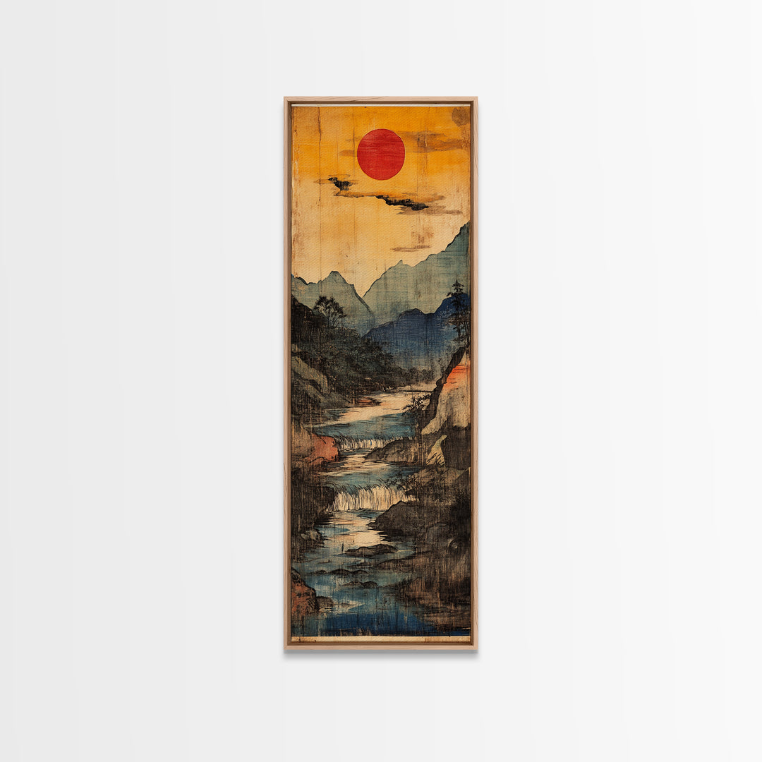 Red Sun Mountain River Wall Art, Japanese Waterfall Landscape Print For Japandi Home Decor And Serene Office Decor Poster