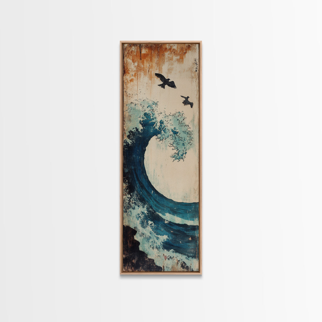 Teal Ocean Wave With Flying Birds Wall Art, Japanese Coastal Print For Bathroom Decor, Beach House Decor, And Gallery Wall