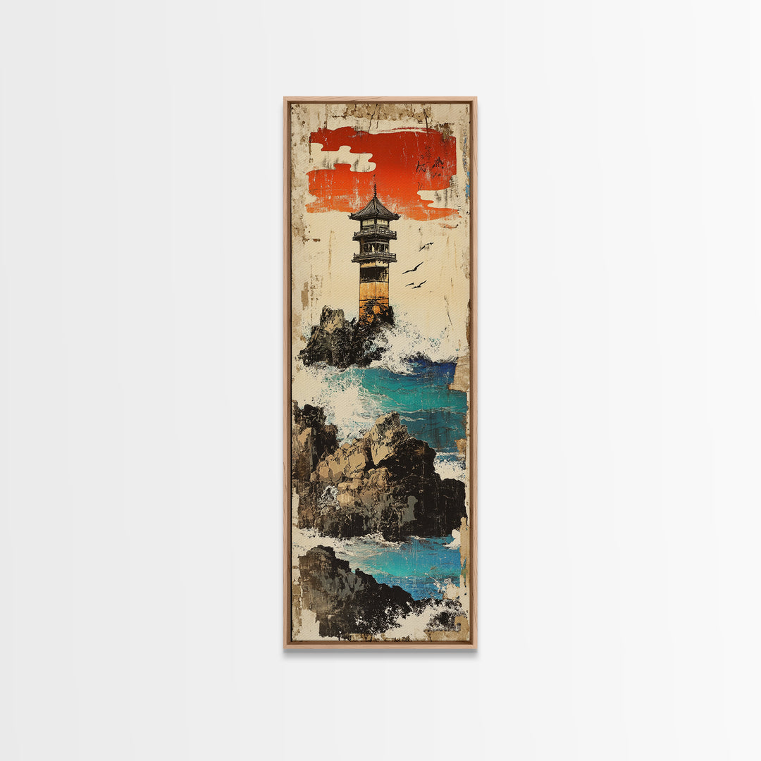 Cliffside Lighthouse Turquoise Sea Wall Art, Japanese Coastal Landscape Print For Beach House Decor And Nautical Office Decor